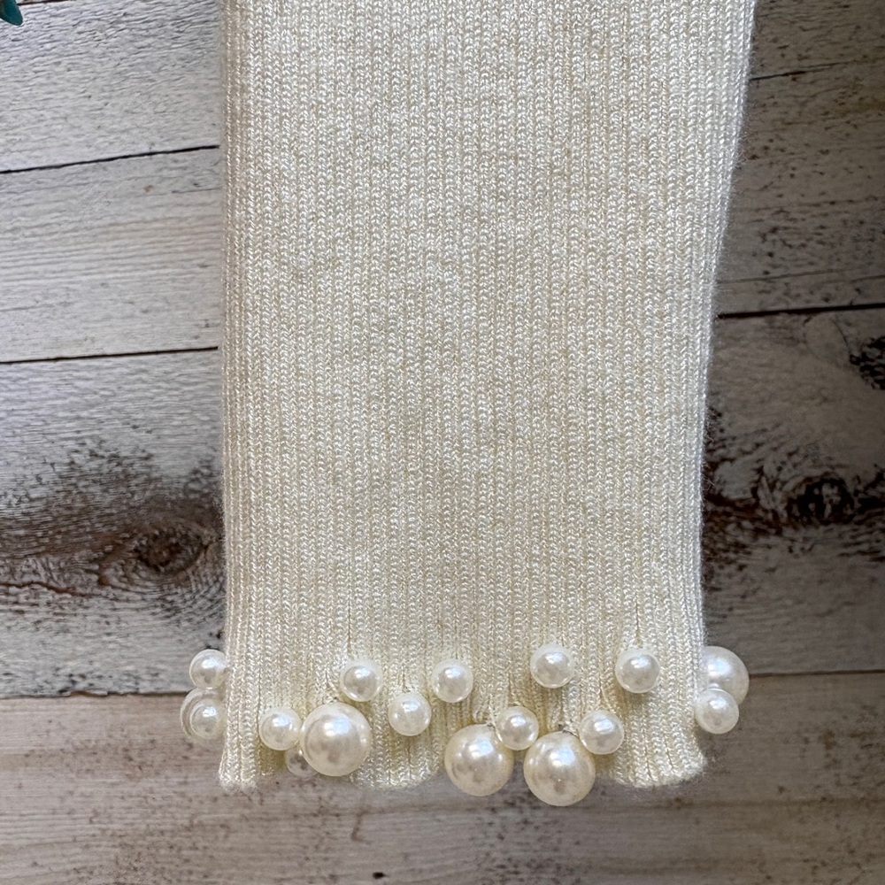 Ivory Mock Neck Sweater Size L Pearl Collar Cuffs Formal Holiday Cocktail Ribbed - Picture 10 of 12